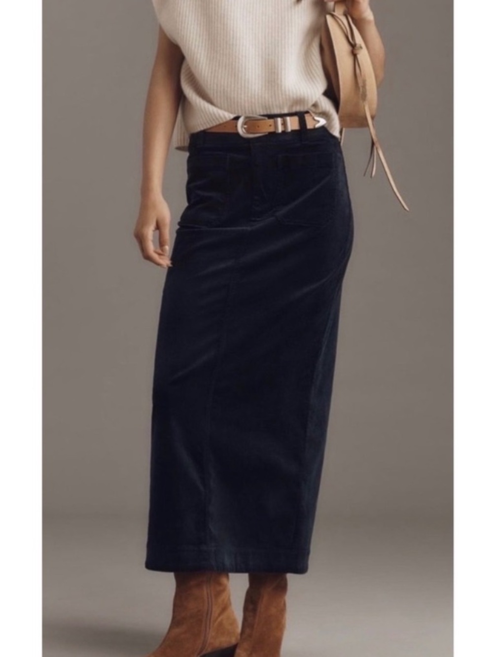 MAEVE Anthropologie Colette Maxi Skirt Front Pockets Back Slit Navy Blue Sz S